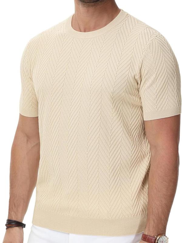 Men's Regular Fit Fishbone Jacquard Round Neck Knit Top, Casual Short Sleeve Crew Neck Knitwear for Daily Wear, Fashion Men's Knit Clothing for All Seasons