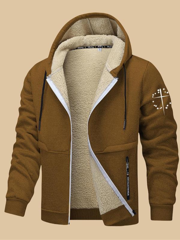 Men's Letter Print Zip Up Fleece Hooded Jacket, Regular Fit Casual Long Sleeve Drawstring Pocket Outerwear for Fall & Winter, Men's Clothes for Daily Wear