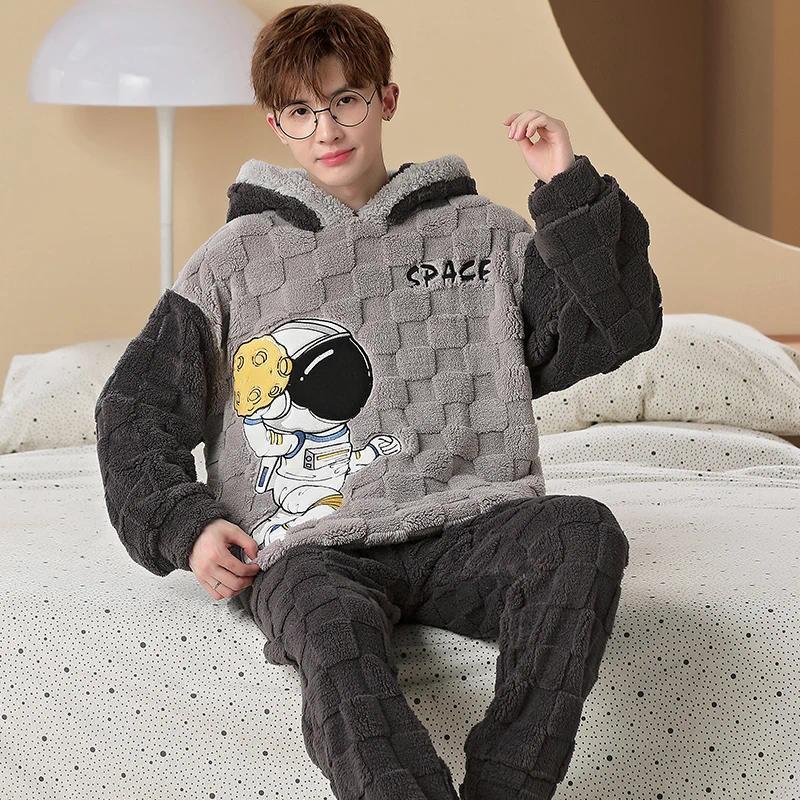 New Men Winter Thickened Coral Fleece Pajamas Set Plush Hooded Home Suit Long Sleeve Cartoon Flannel 2PCS Set Warm Nightwea 5XLr