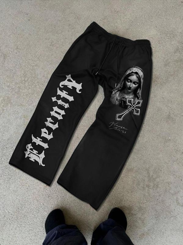 Unisex's Virgin Mary & Letter Print Drawstring Waist Sweatpants, Street Fashion Pocket Pants for Daily Wear, Unisex's Bottoms for All Seasons