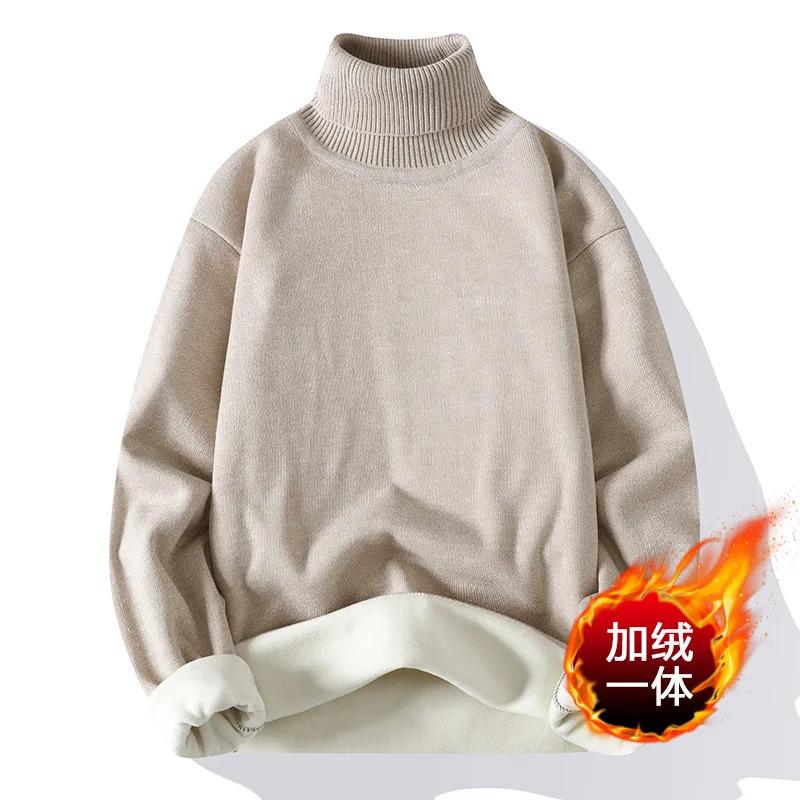 Men 2025 New Sweater Autumn Winter Knitted Turtleneck Thick Fleece Inside Solid Color Pullovers Men Casual Sweater Pullovers