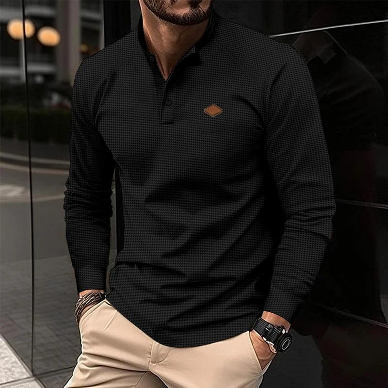 High quality waffle fabric Spring and autumn men's long sleeve Polo shirt fashion casual sports round neck fitness running long Menswear Top