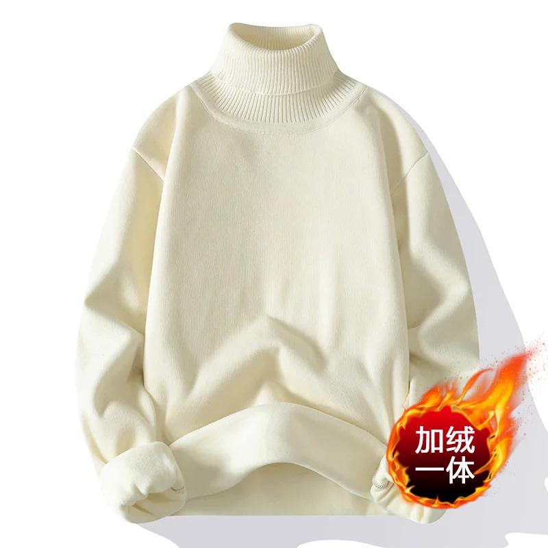 Men 2025 New Sweater Autumn Winter Knitted Turtleneck Thick Fleece Inside Solid Color Pullovers Men Casual Sweater Pullovers