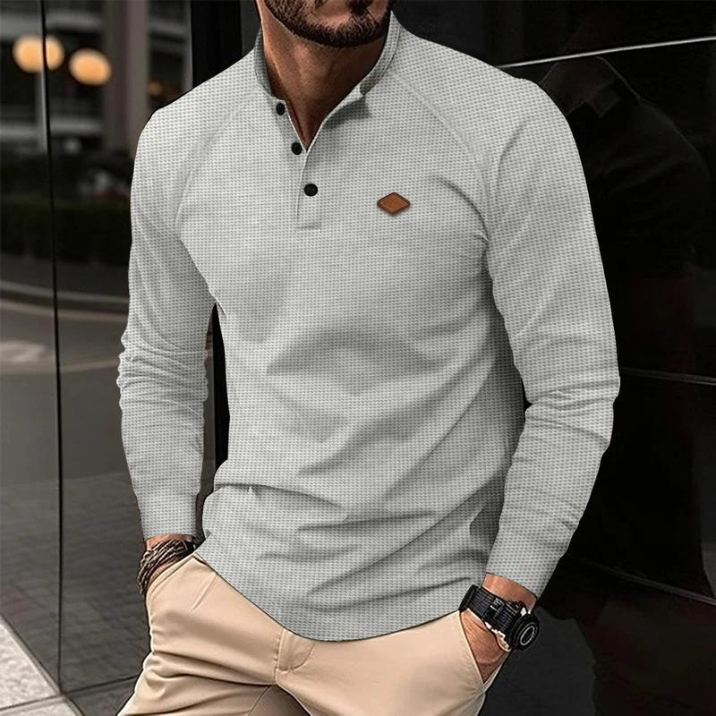 High quality waffle fabric Spring and autumn men's long sleeve Polo shirt fashion casual sports round neck fitness running long Menswear Top