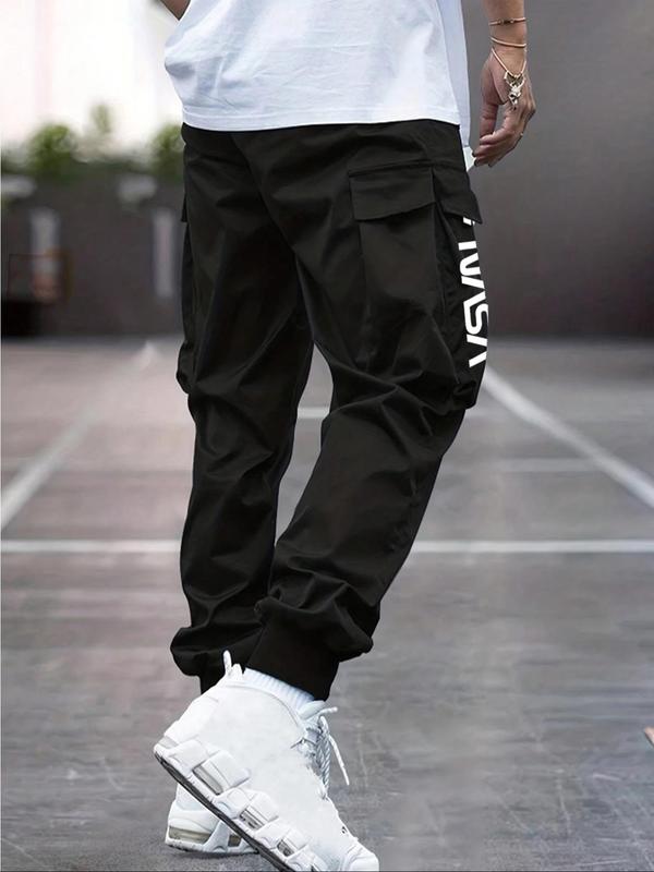 Men's Letter Print Drawstring Waist Cargo Pants, Casual Street Pocket Jogger Trousers for Daily Wear, Men's Bottoms for All Seasons Menswear Sweatpants