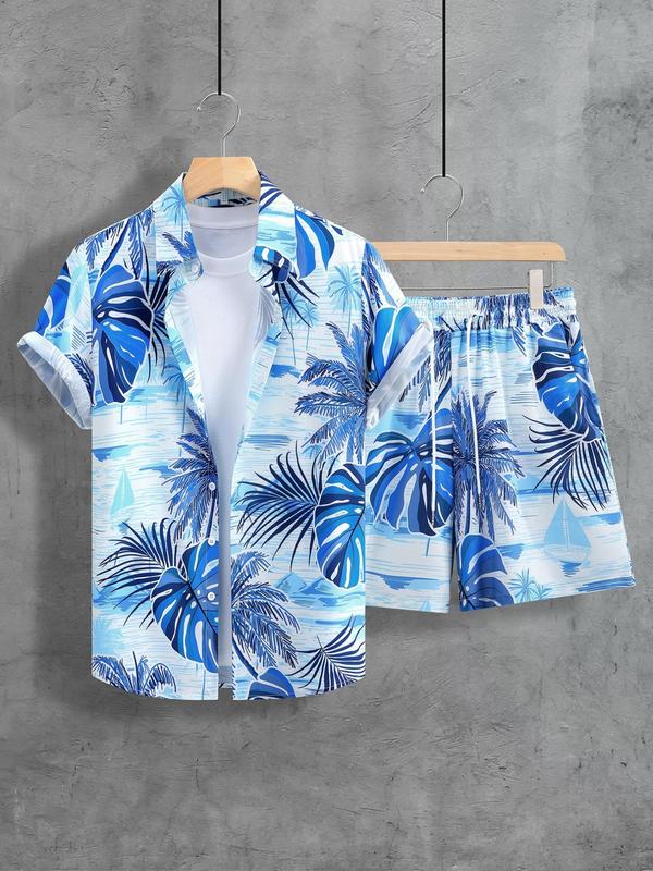 2 Counts Men's Tropical Print Drawstring Waist Shorts Set, Regular Fit Button Down Hawaiian Shirt & Shorts, Men 2 Piece Short Sets, Summer Clothes for Beach Vacation, Men's 2 Piece Set