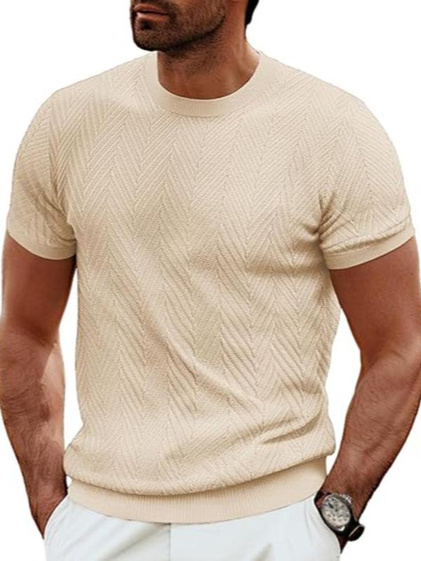 Men's Regular Fit Fishbone Jacquard Round Neck Knit Top, Casual Short Sleeve Crew Neck Knitwear for Daily Wear, Fashion Men's Knit Clothing for All Seasons