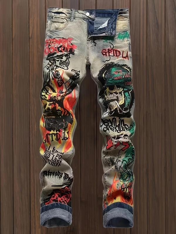 Men's Vintage Style Jeans With Novelty Skull Patter, Street Style Jeans For Males straight leg wide leg streetwear jean menswear bottom cargo pant casual comfy men bottom casual pant beer sweatpant streetwear bottom comfy pant Men's Loose