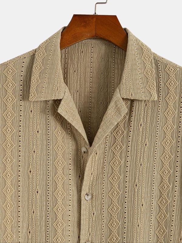 Men's Jacquard Hollow Out Button Front Shirt, Regular Fit Casual Short Sleeve Lapel Neck Top for Summer, Fashion Men's Clothes for Daily Wear