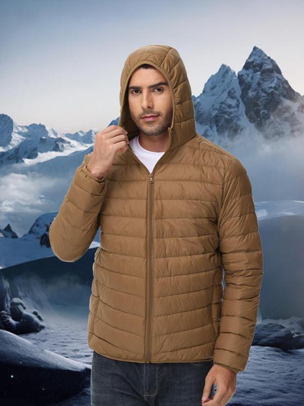 Men's Solid Zip Up Hooded Sports Down Jacket, Regular Fit Casual Long Sleeve Pocket Design Down Coat for Fall & Winter, Men's Sports Outerwear for Outdoor Activities