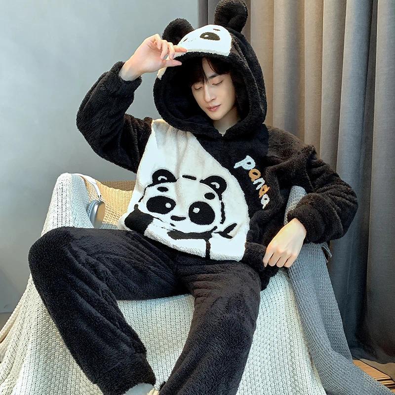 New Men Winter Thickened Coral Fleece Pajamas Set Plush Hooded Home Suit Long Sleeve Cartoon Flannel 2PCS Set Warm Nightwea 5XLr