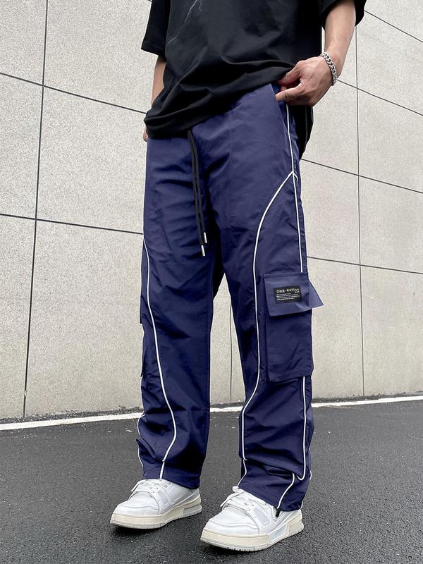 Men's Thin Letter Patched Contrast Binding Pocket Drawstring Cargo Pants, Pants for Men, Mens Pants, Loose Utility Trousers for Fall Back To School, Drippy Outfits, Soft Comfort Clothes, Versatile Street Menswear, Going Out Outfit, Fall Outfits 2024