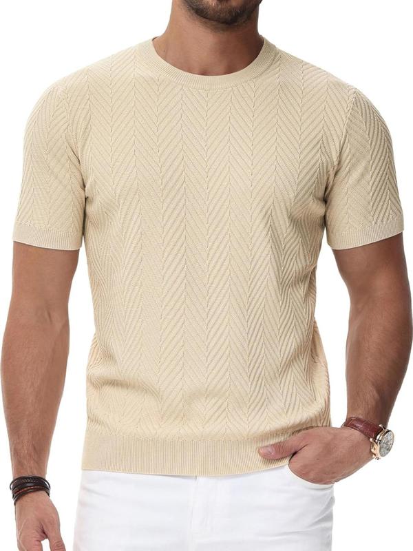 Men's Regular Fit Fishbone Jacquard Round Neck Knit Top, Casual Short Sleeve Crew Neck Knitwear for Daily Wear, Fashion Men's Knit Clothing for All Seasons