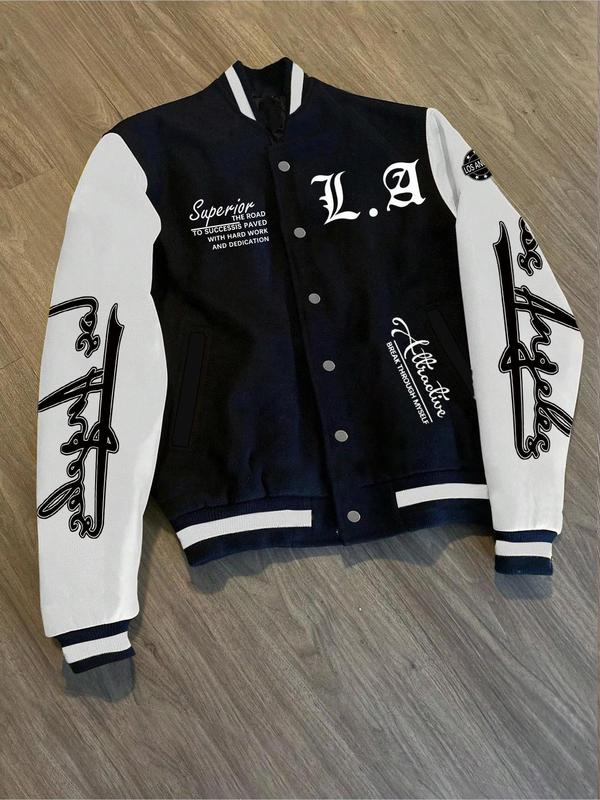 Men's Colorblock Letter Print Pocket Baseball Jacket, Regular Fit Casual Long Sleeve Button Front Outerwear for Fall & Winter, Men's Clothes for Daily Wear, Streetwear Clothing