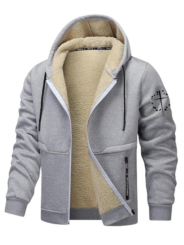 Men's Letter Print Zip Up Fleece Hooded Jacket, Regular Fit Casual Long Sleeve Drawstring Pocket Outerwear for Fall & Winter, Men's Clothes for Daily Wear