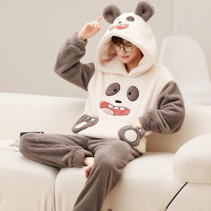 New Men Winter Thickened Coral Fleece Pajamas Set Plush Hooded Home Suit Long Sleeve Cartoon Flannel 2PCS Set Warm Nightwea 5XLr