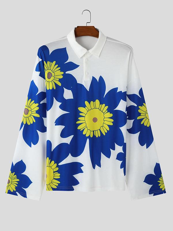 Men's Floral Print Drop Shoulder Polo Shirt, Casual Loose Long Sleeve Button Front Top for Spring & Fall, Fashion Men's Clothes for Daily Wear