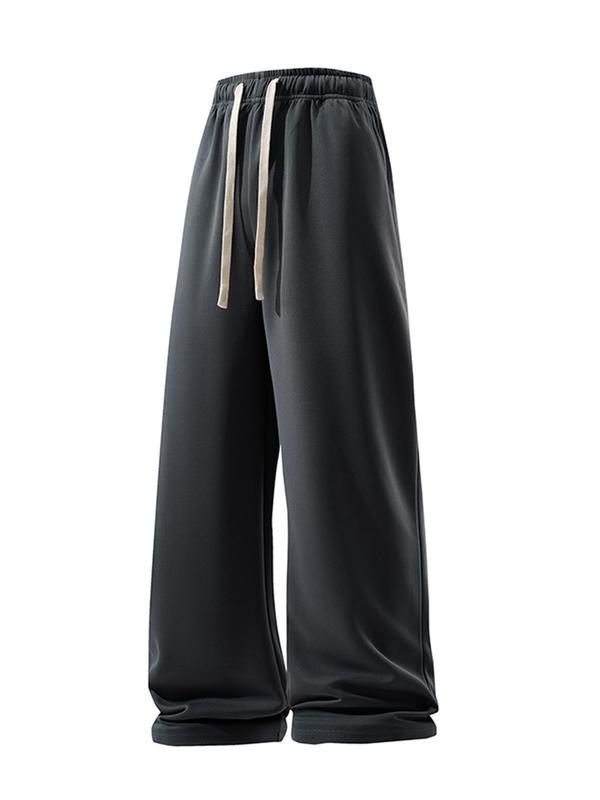 Unisex's Solid Drawstring Waist Straight Leg Pants, Street Fashion Pocket Wide Leg Trousers for Daily Wear, Unisex's Bottoms for All Seasons