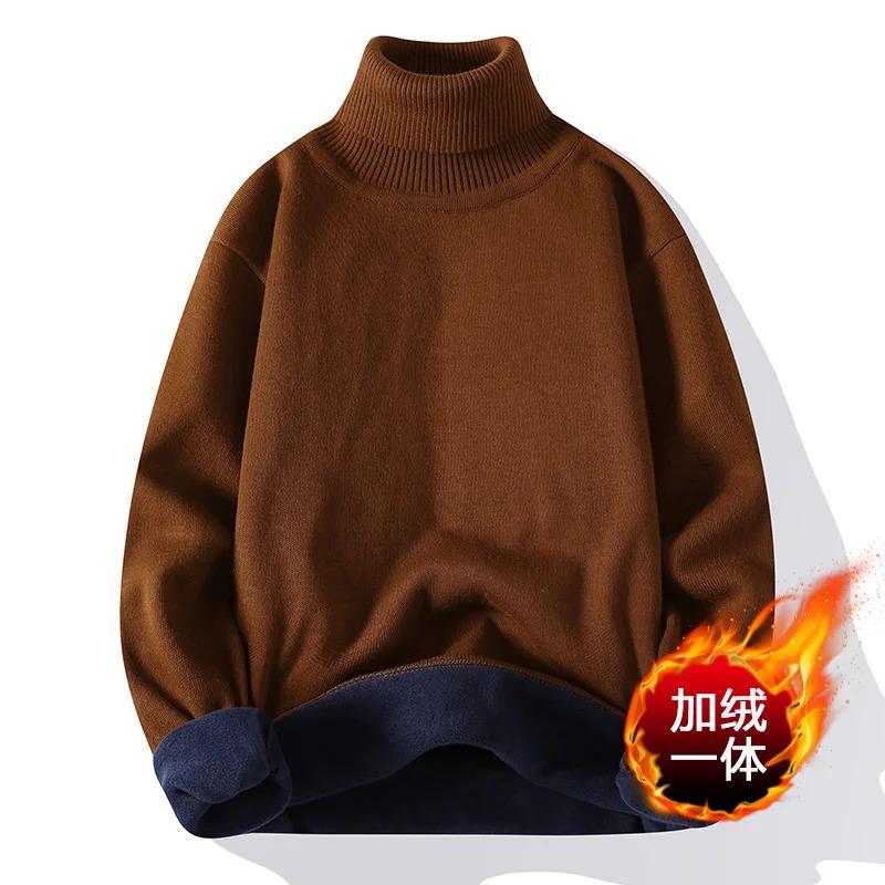 Men 2025 New Sweater Autumn Winter Knitted Turtleneck Thick Fleece Inside Solid Color Pullovers Men Casual Sweater Pullovers