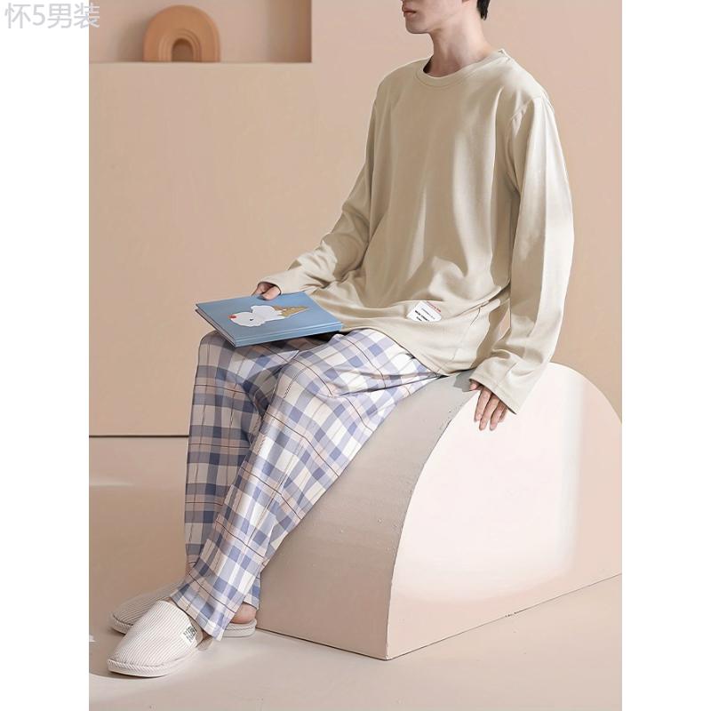 Men's Cozy Blue Long-Sleeve Round Neck Top & Plaid Pants Pajama Set - Versatile Loungewear, Machine Washable Fabric Menswear