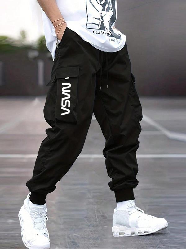 Men's Letter Print Drawstring Waist Cargo Pants, Casual Street Pocket Jogger Trousers for Daily Wear, Men's Bottoms for All Seasons Menswear Sweatpants