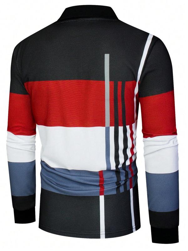 Men's Colorblock Striped Print Polo Shirt, Regular Fit Casual Long Sleeve Button Front Collared Top for Spring & Fall, Fashion Men's Clothes for Daily Wear