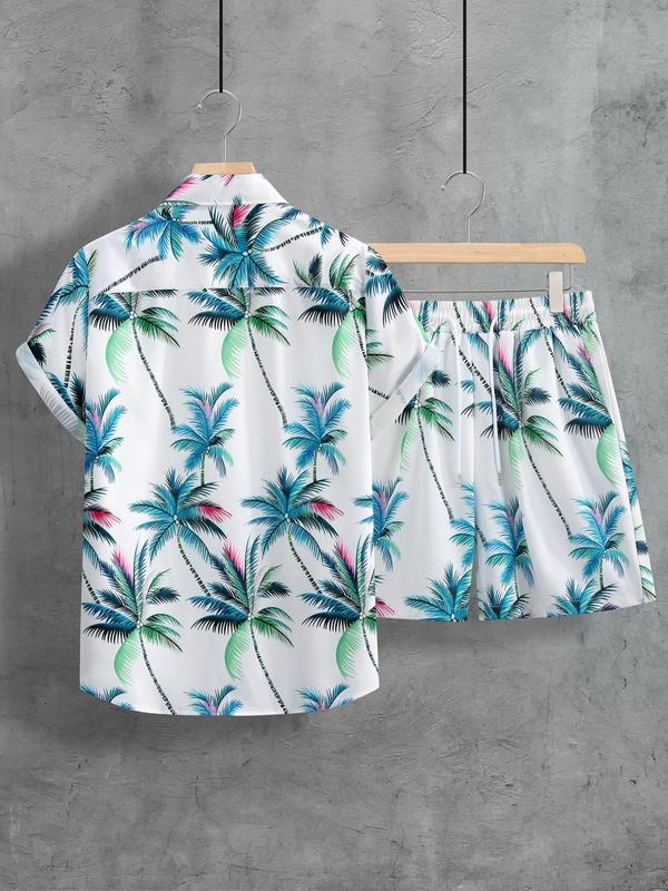 2 Counts Men's Tropical Print Drawstring Waist Shorts Set, Regular Fit Button Down Hawaiian Shirt & Shorts, Men 2 Piece Short Sets, Summer Clothes for Beach Vacation, Men's 2 Piece Set