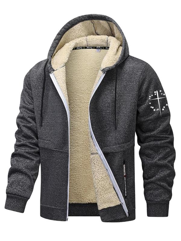 Men's Letter Print Zip Up Fleece Hooded Jacket, Regular Fit Casual Long Sleeve Drawstring Pocket Outerwear for Fall & Winter, Men's Clothes for Daily Wear