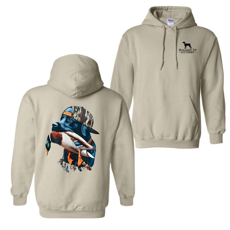 Straight Up Southern Hoodie, Sweatshirt, and T-Shirt - Bold Black Hunting Dog with Duck Graphic, Perfect for Outdoorsmen and Waterfowl Hunters, Unisex Apparel for Adventure and Style.