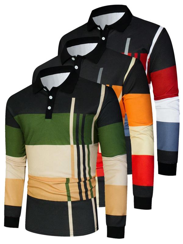 Men's Colorblock Striped Print Polo Shirt, Regular Fit Casual Long Sleeve Button Front Collared Top for Spring & Fall, Fashion Men's Clothes for Daily Wear