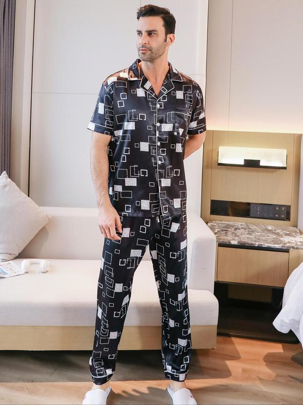 Men's  All Over Print Pocket Lapel Shirt & Pants Satin Pyjama Set, Button Front Short Sleeve Top & Trousers Pj Set, Summer Sleepwear Set for Men