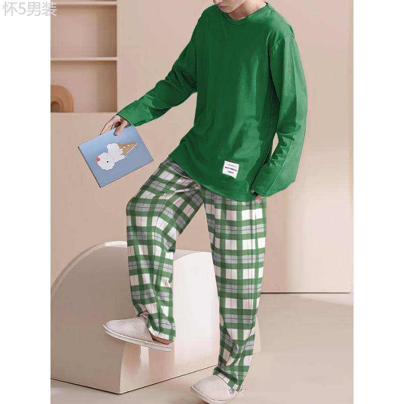 Men's Cozy Blue Long-Sleeve Round Neck Top & Plaid Pants Pajama Set - Versatile Loungewear, Machine Washable Fabric Menswear