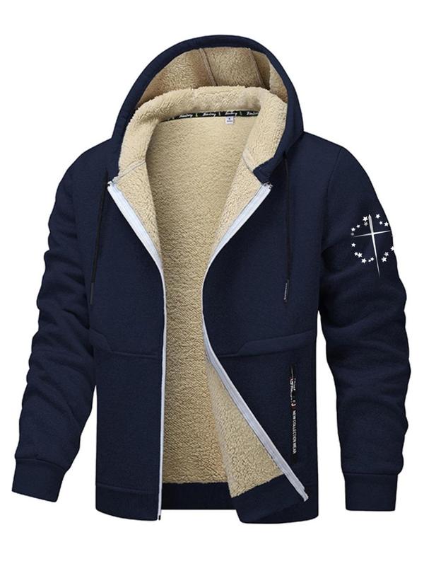 Men's Letter Print Zip Up Fleece Hooded Jacket, Regular Fit Casual Long Sleeve Drawstring Pocket Outerwear for Fall & Winter, Men's Clothes for Daily Wear