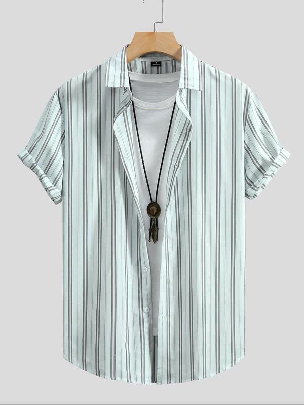 Men's Striped Print Button Front Shirt, Regular Fit Casual Short Sleeve Collar Top for Summer, Fashion Men's Top for Daily Wear