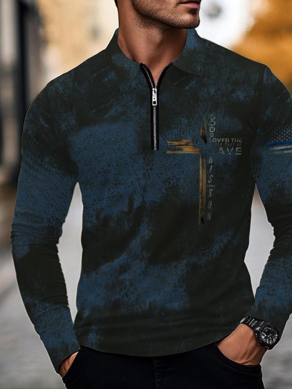 Men's Cross Print Zip Up Half Placket Polo Shirt, Regular Fit Casual Long Sleeve Collared Top for Spring & Fall, Fashion Men's Clothes for Daily Wear