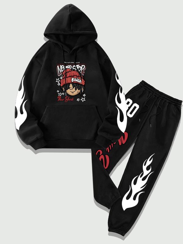  Two-Piece Set Men's Cartoon Letter Print Pocket Hoodie & Drawstring Waist Sweatpants Set, Regular Fit Casual Fashion Drop Shoulder Long Sleeve Drawstring Hooded Sweatshirt & Pocket Jogger Pants, Men Two-piece Outfits for Fall & Winter