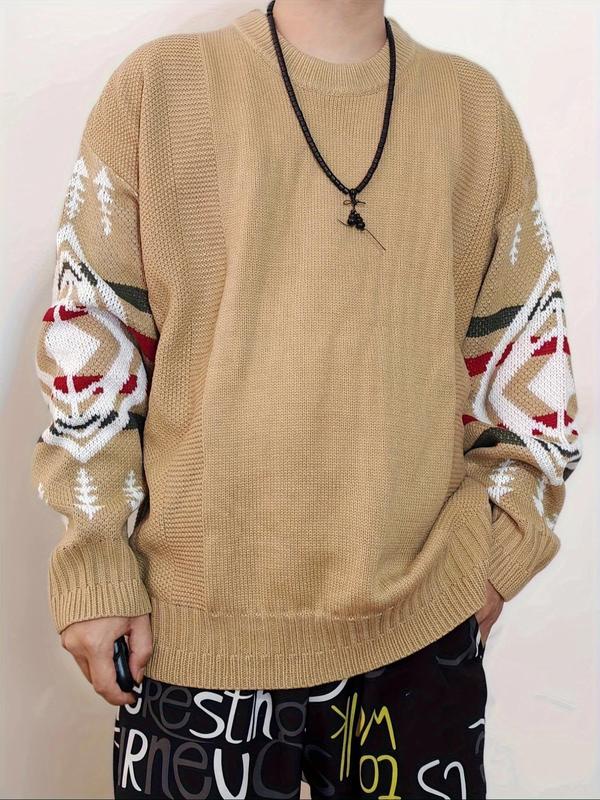  Men's Geometric Print Drop Shoulder Sweater, Casual Long Sleeve Round Neck Jumper for Fall & Winter, Fashion Men's Knitwear for Daily Wear