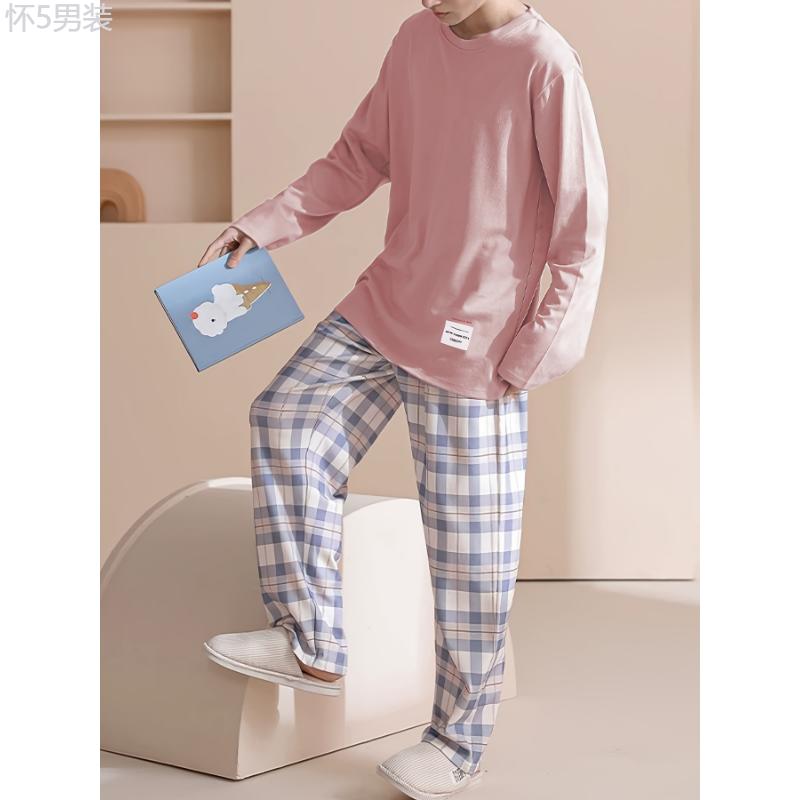 Men's Cozy Blue Long-Sleeve Round Neck Top & Plaid Pants Pajama Set - Versatile Loungewear, Machine Washable Fabric Menswear