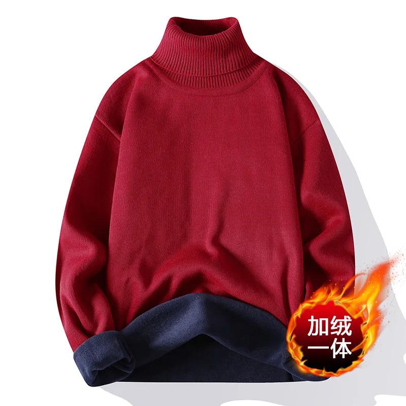 Men 2025 New Sweater Autumn Winter Knitted Turtleneck Thick Fleece Inside Solid Color Pullovers Men Casual Sweater Pullovers