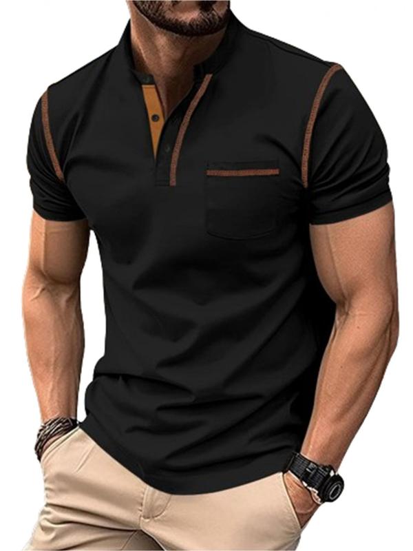 Men's Contrast Binding Short Sleeve Polo Shirt, Casual Regular Fit Button Front Polo Collar Shirt Top for All Seasons, Fashion Men's Clothes for Daily Wear