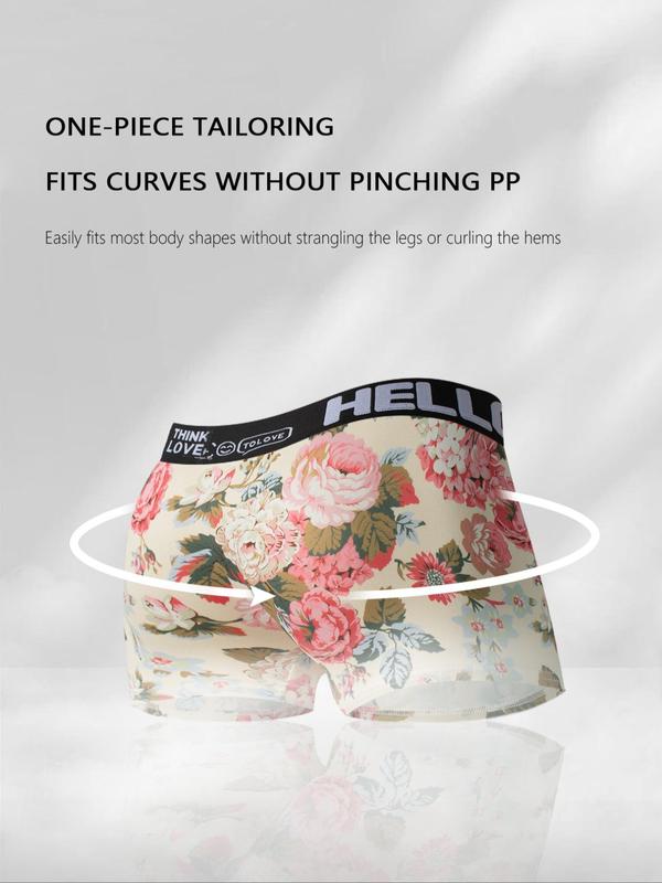 Men's Floral Print Letter Tape Boxer Brief, Breathable Comfy Underwear for Daily Wear, Casual Men's Underwear for All Seasons