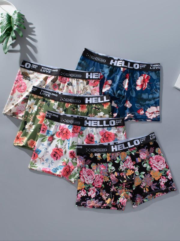 Men's Floral Print Letter Tape Boxer Brief, Breathable Comfy Underwear for Daily Wear, Casual Men's Underwear for All Seasons