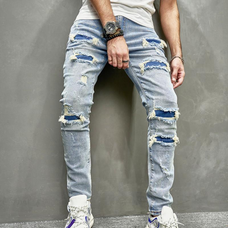 Men's Denim Jeans Street Stylish Men Holes Patch Skinny Pencil Jeans Pants Male Ripped Solid Slim Denim Trousers For Man Menswear Underwear Human Streetwear Pocket Beige Plain