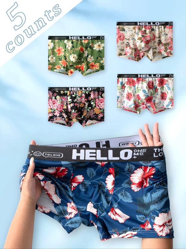 Men's Floral Print Letter Tape Boxer Brief, Breathable Comfy Underwear for Daily Wear, Casual Men's Underwear for All Seasons