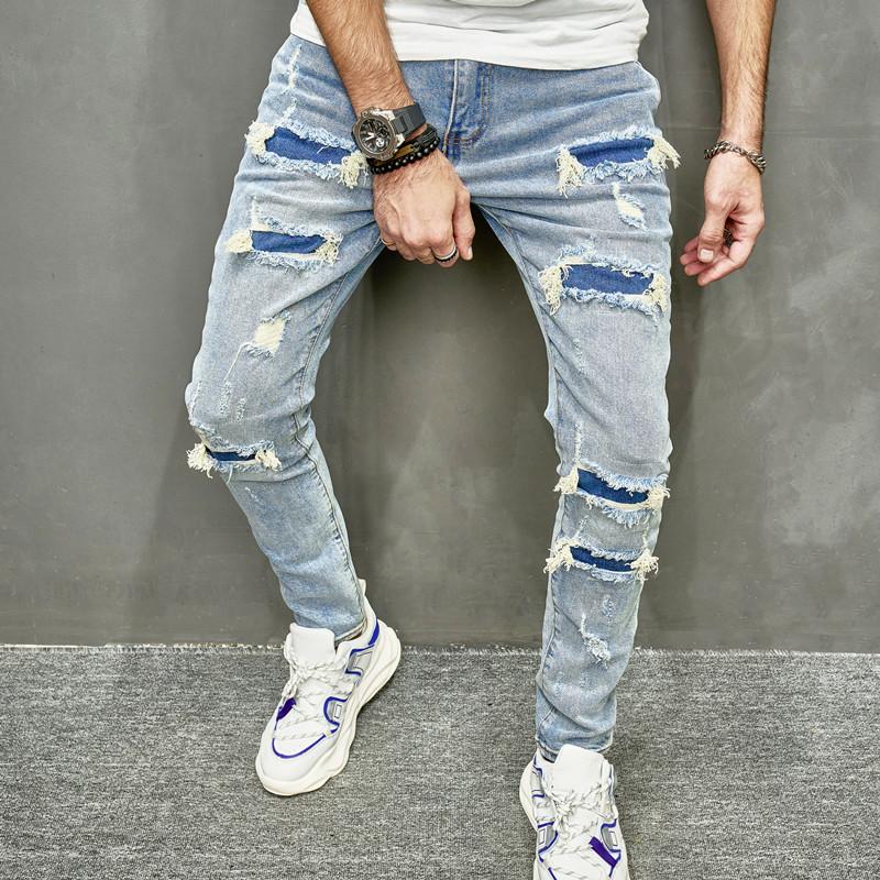 Men's Denim Jeans Street Stylish Men Holes Patch Skinny Pencil Jeans Pants Male Ripped Solid Slim Denim Trousers For Man Menswear Underwear Human Streetwear Pocket Beige Plain