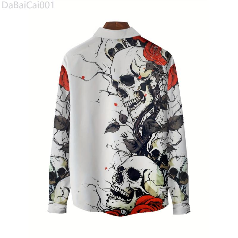 Men's Skulls & Roses Print Long Sleeve Shirt For All Seasons, Casual Comfy Shirt For Party As Gift, Outdoor Cloth