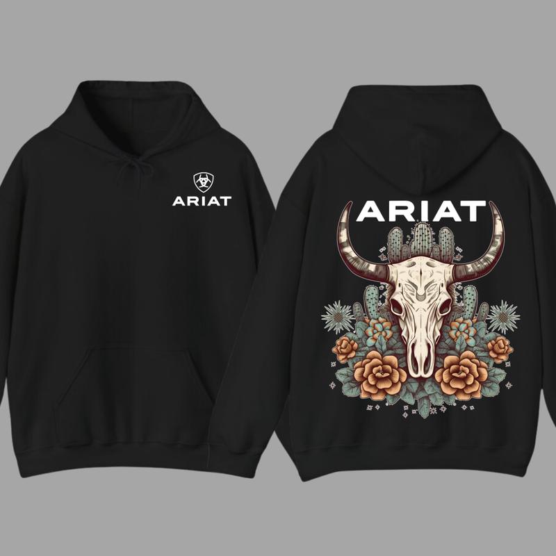 Ariat Hoodie - Bull Skull Design with Cactus Floral Patterns, Unisex Comfort for Outdoor Adventures & Classic Casual Style  Hoodie For Men, For Women