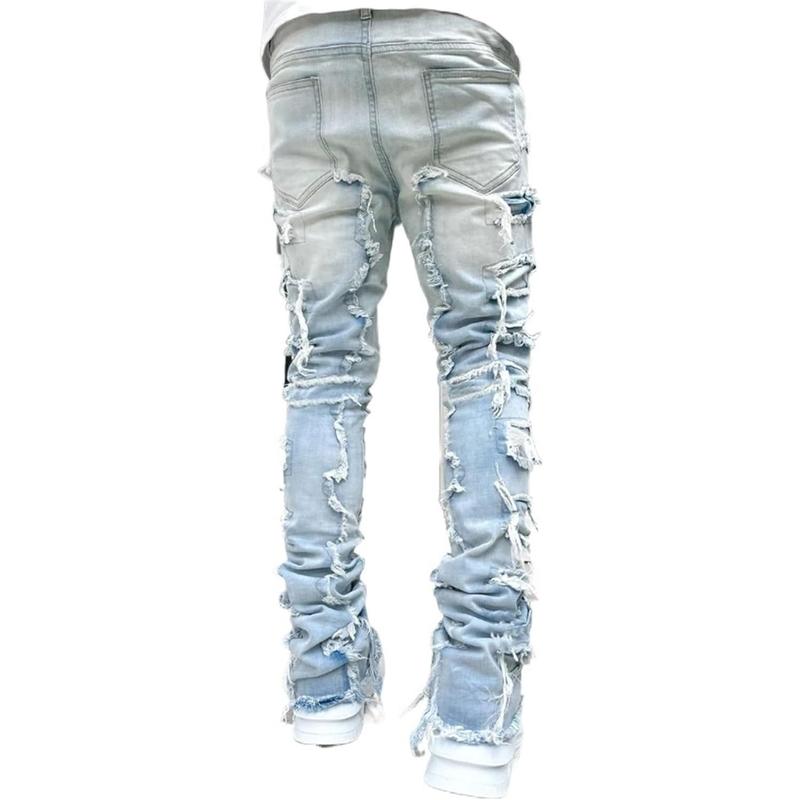 Gpa Men's Black Stacked Jeans Slim Fit Ripped Jeans Ripped Straight Leg Jeans Harajuku Hip Hop Pants Streetwear Casual Jeans Slim Patch Y2K Jeans Slim Pants