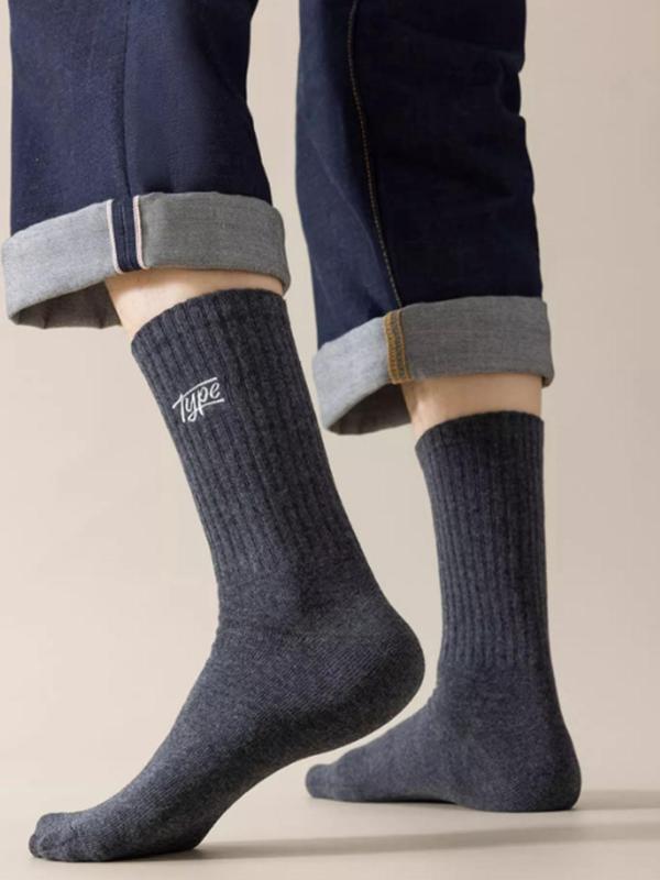 Men's Letter Embroidery Mid-calf Socks, Casual Comfy Breathable Crew Socks for Daily Wear, Men's Socks for All Seasons