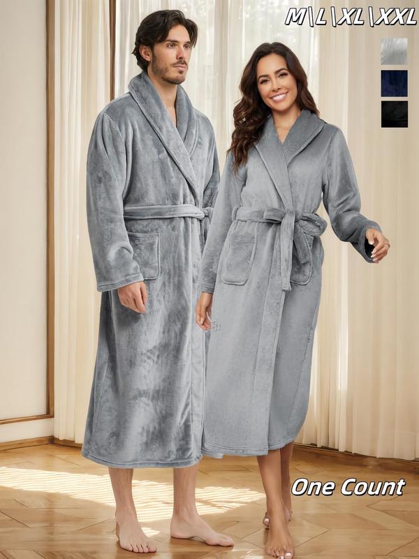 Couple's Solid Belted Pocket Flannel Robe, Casual Long Sleeve Warm Robe for Fall & Winter, Men's Sleepwear for Indoor Wear